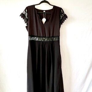 SHEIN NEW Black, Short Sleeve Fit & Flare Dress with Lace, Midi, Size M, NWTS